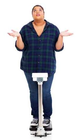 overweight young woman asking why when weighting herself
