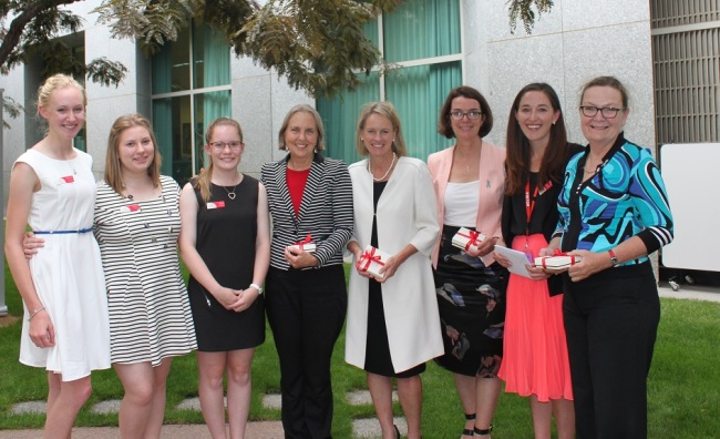 Winners of  "Country to Canberra" essay competition with (from L to R):  Senator Lee Rhiannon, Assistant Minister for Health Fiona Nash, Senator Anne Ruston, Hannah Wandel, and Senator Jan Lucas.