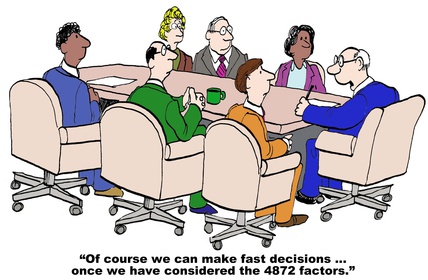 Cartoon of businessman saying a lot of factors before decision.