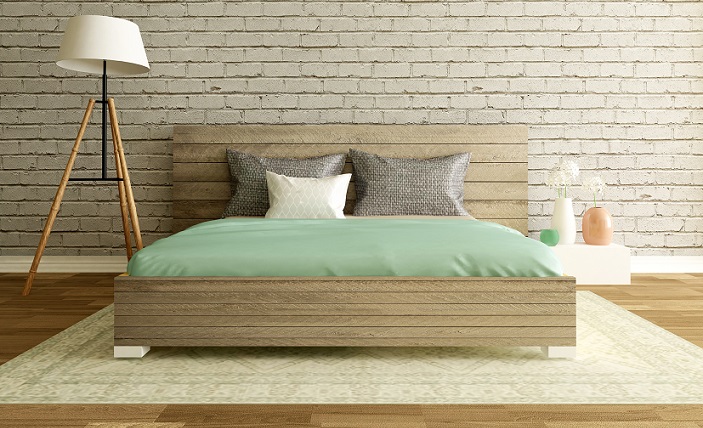 modern bedroom interior with brick wall