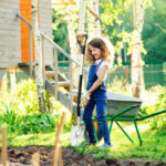 happy kid girl playing in summer garden with wheelbarrow and shovel and helping