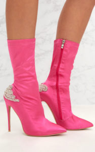 Fuchsia Satin Diamante Detail Heeled Ankle Boots