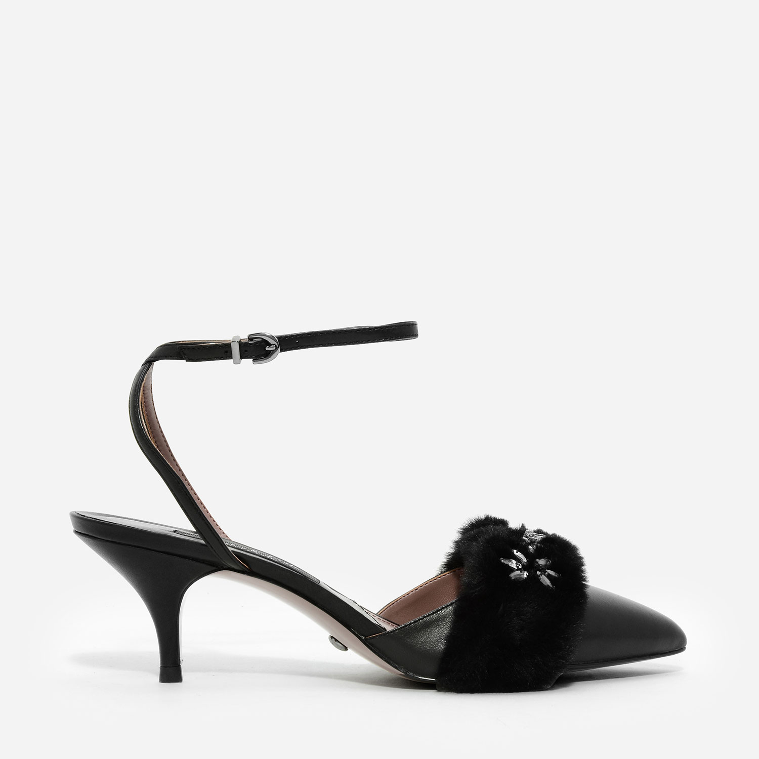 CHARLES & KEITH Furry Embellished Leather Heels