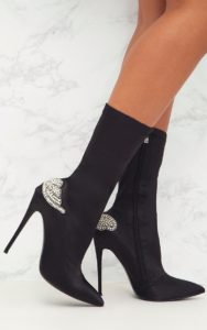 Black Satin Diamante Detail Heeled Ankle Boots