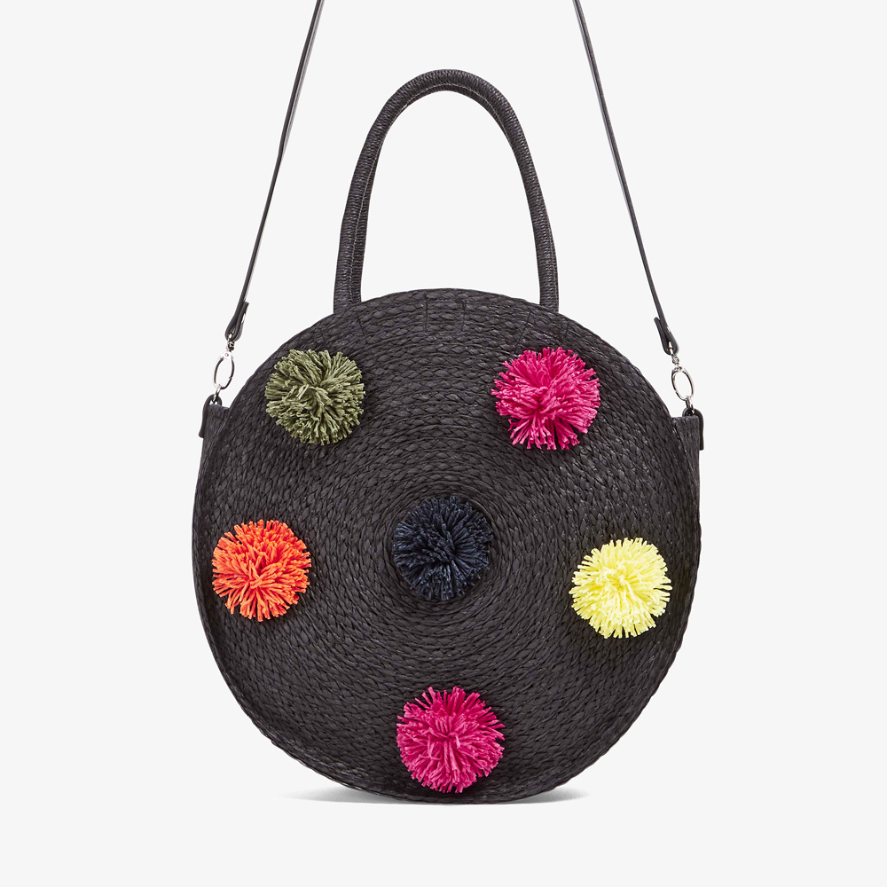 French Connection Pom Pom Round Straw Bag