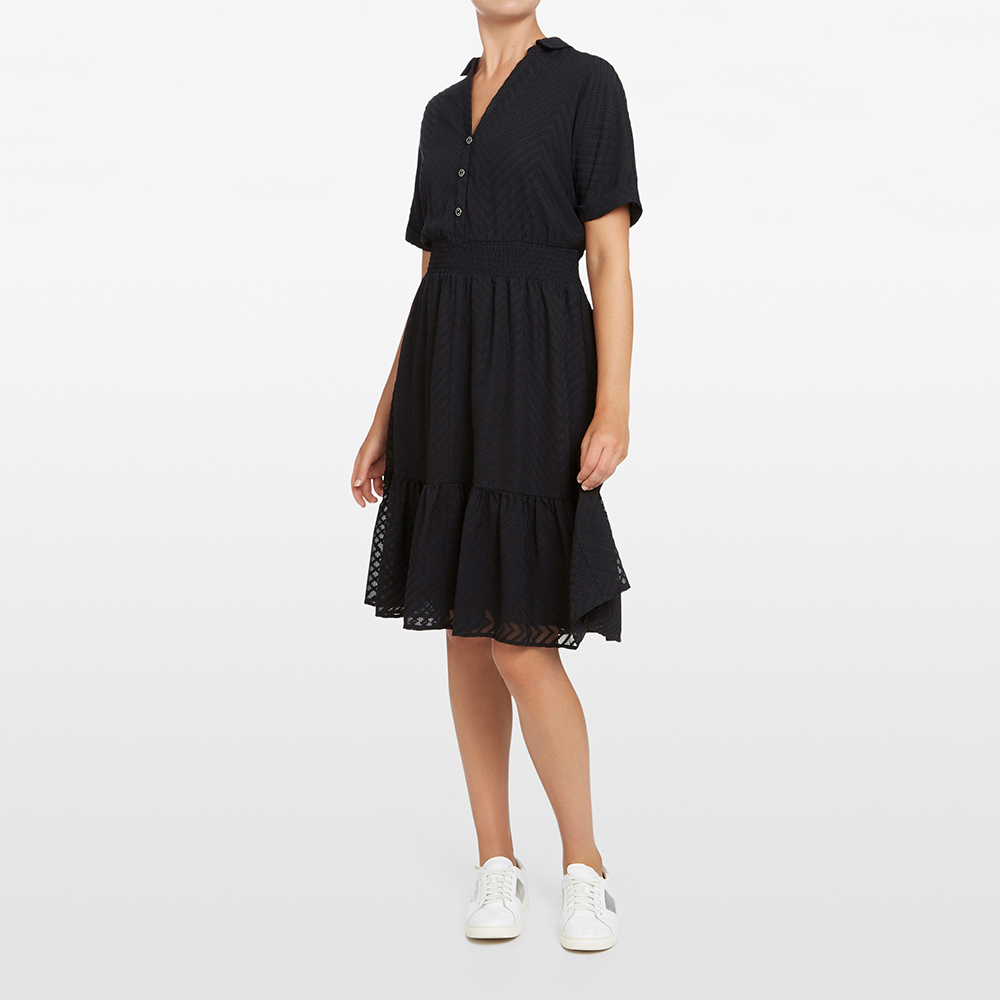 French Connection Shirred Waist Ruffle Midi Dress