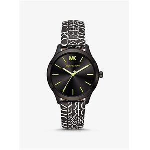 Michael Kors Runway Black-Tone And Newsprint Logo Watch
