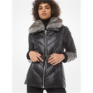 MICHAEL Michael Kors Faux Fur-Trim Chevron-Quilted Belted Jacket