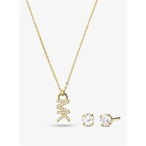 Michael Kors 14k Rose Gold-Plated Sterling Silver Pave Logo Necklace And Stud Earrings Set