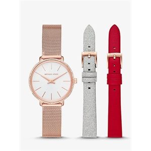 Michael Kors Mini Pyper Rose Gold-Tone Mesh And Leather Watch Set