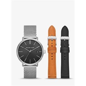 Michael Kors Oversized Blake Silver-Tone Mesh And Leather Interchangeable Watch Set