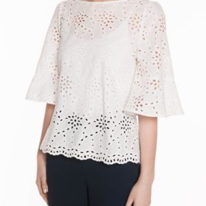 Veronika Maine Ladies Cotton Embroidery Flared Sleeve Top Ivory