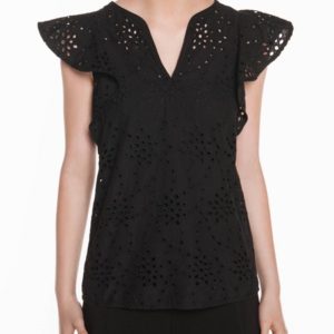 Veronika Maine Ladies Cotton Embroidery Ruffle Sleeve Top Black