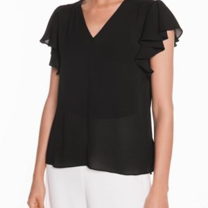 Veronika Maine Ladies Crinkle Georgette Ruffle Sleeve Top Black