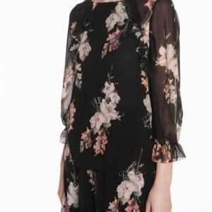 Veronika Maine Ladies Digital Blossoms Ruffle Top Black