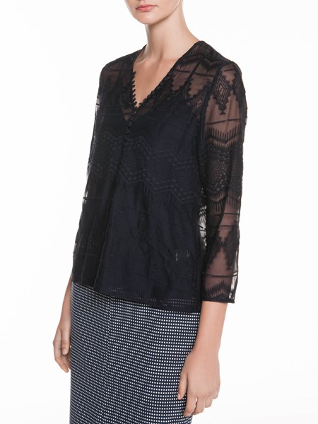 Veronika Maine Ladies Embroidered Button Neck Top Ink