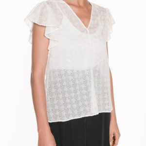 Veronika Maine Ladies Embroidered Daisy Ruffle Sleeve Top Cream