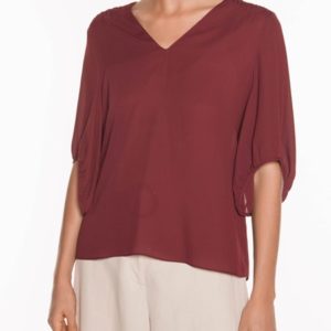 Veronika Maine Ladies Light Georgette Shirred Yoke Top Burgundy