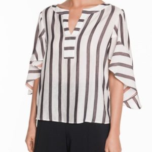 Veronika Maine Ladies Striped Fluted Sleeve Top Black/White