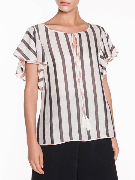 Veronika Maine Ladies Striped Ruffle Sleeve Top Black/White