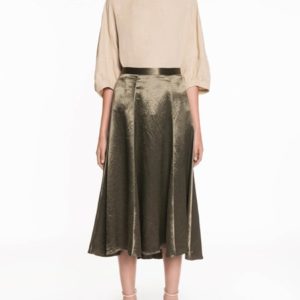 Veronika Maine Washer Satin Fluted Midi Skirt Khaki