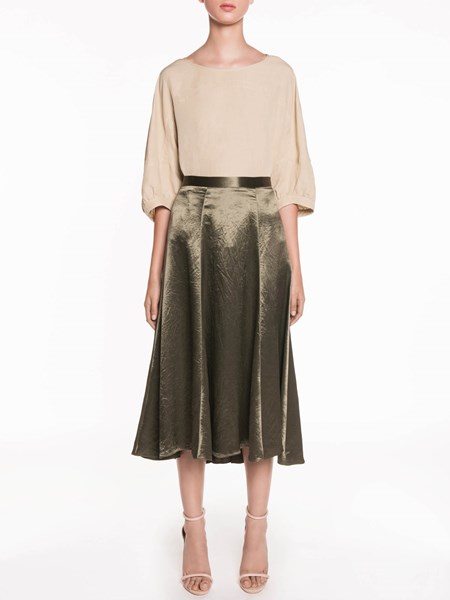 Veronika Maine Washer Satin Fluted Midi Skirt Khaki