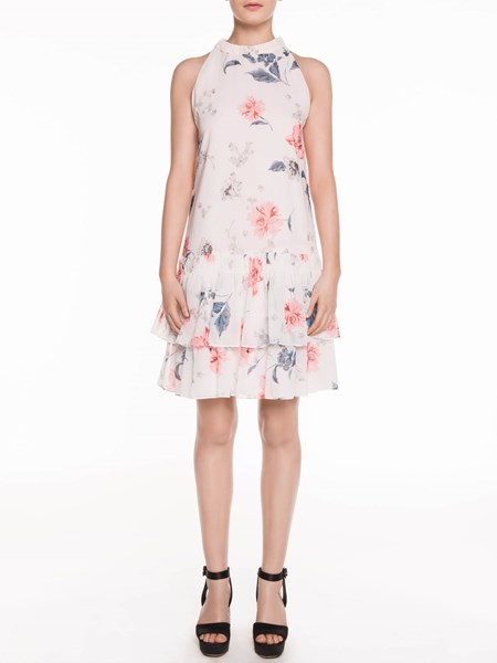Veronika Maine Watercolour Floral Frill Dress Ivory