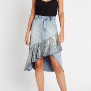 Sass & Bide Follow Your Bliss Frill Denim Midi Skirt Washed Indigo